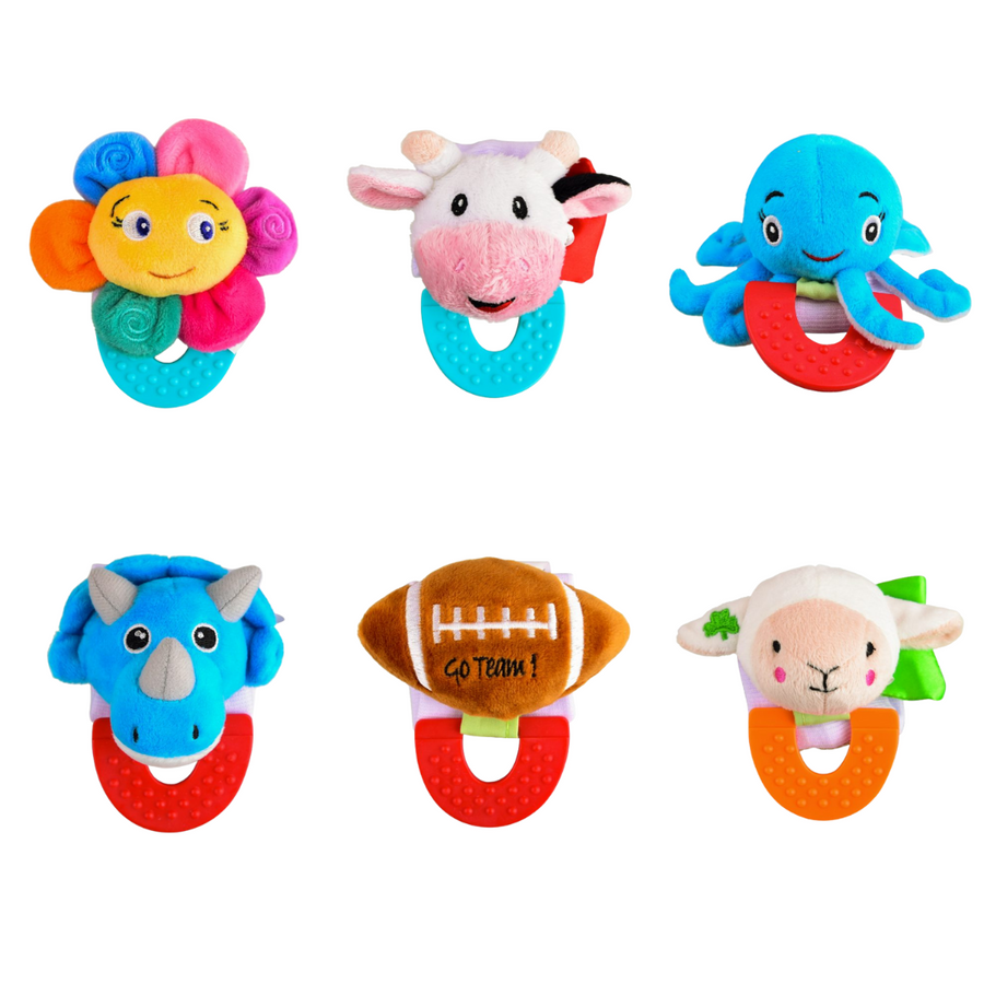 Wristy Buddy Pack of 6, Flower, Cow, Octopus, Dinosaur, Football & Lamb Combo Teether