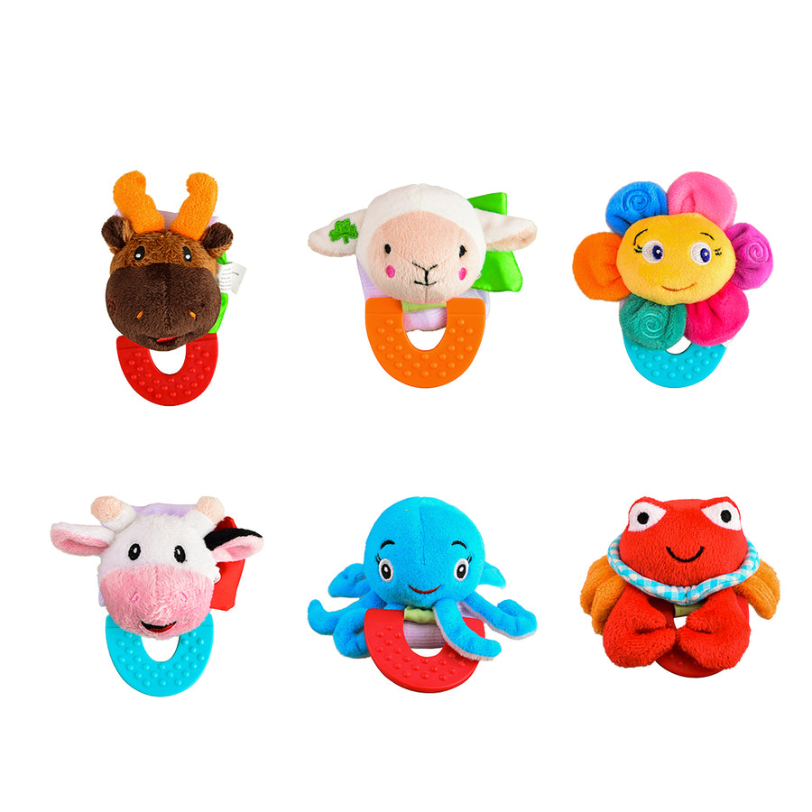 Wristy Buddy Pack of 6, Moose, Lamb, Flower, Cow, Octopus & Crab Combo Teether for Babies, 0-2.5yrs baby toys, Easy to hold, Soft, Natural Organic Teethers, Silicone BPA, Phthalates & Lead-Free Baby Teething Toys