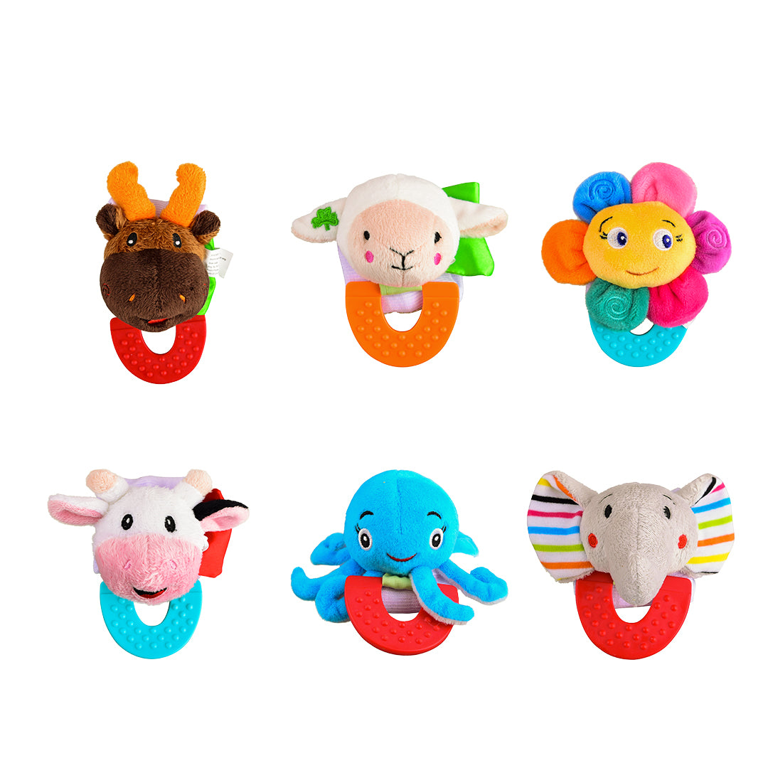 Wristy Buddy Pack of 6 Baby Teethers – Moose, Lamb, Flower, Cow, Octopus & Elephant