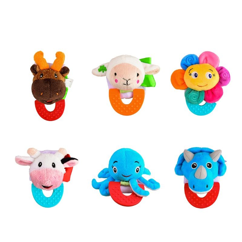 Wristy Buddy Pack of 6 Baby Teethers – Moose, Lamb, Flower, Cow, Octopus & Dinosaur