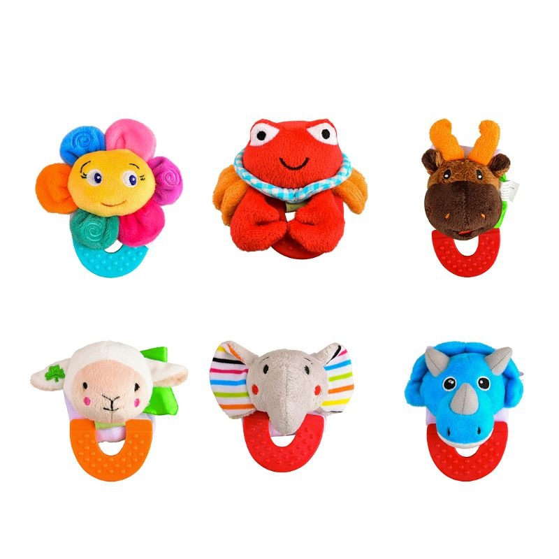 Wristy Buddy Pack of 6 Baby Teethers – Flower, Crab, Moose, Lamb, Elephant & Dinosaur