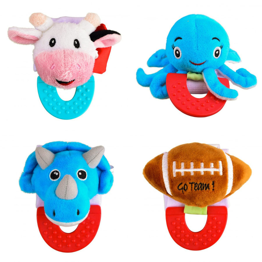 Cow, Octopus, Dinosaur, and Football Combo Teether for Babies, Pack of 4