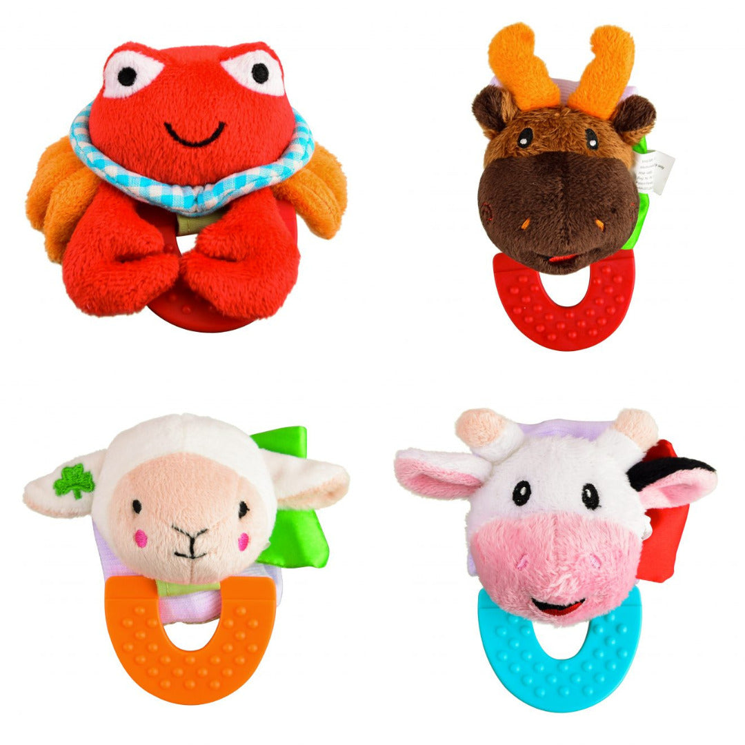 Wristy Buddy Pack of 4 Baby Teethers – Crab, Moose, Lamb & Cow
