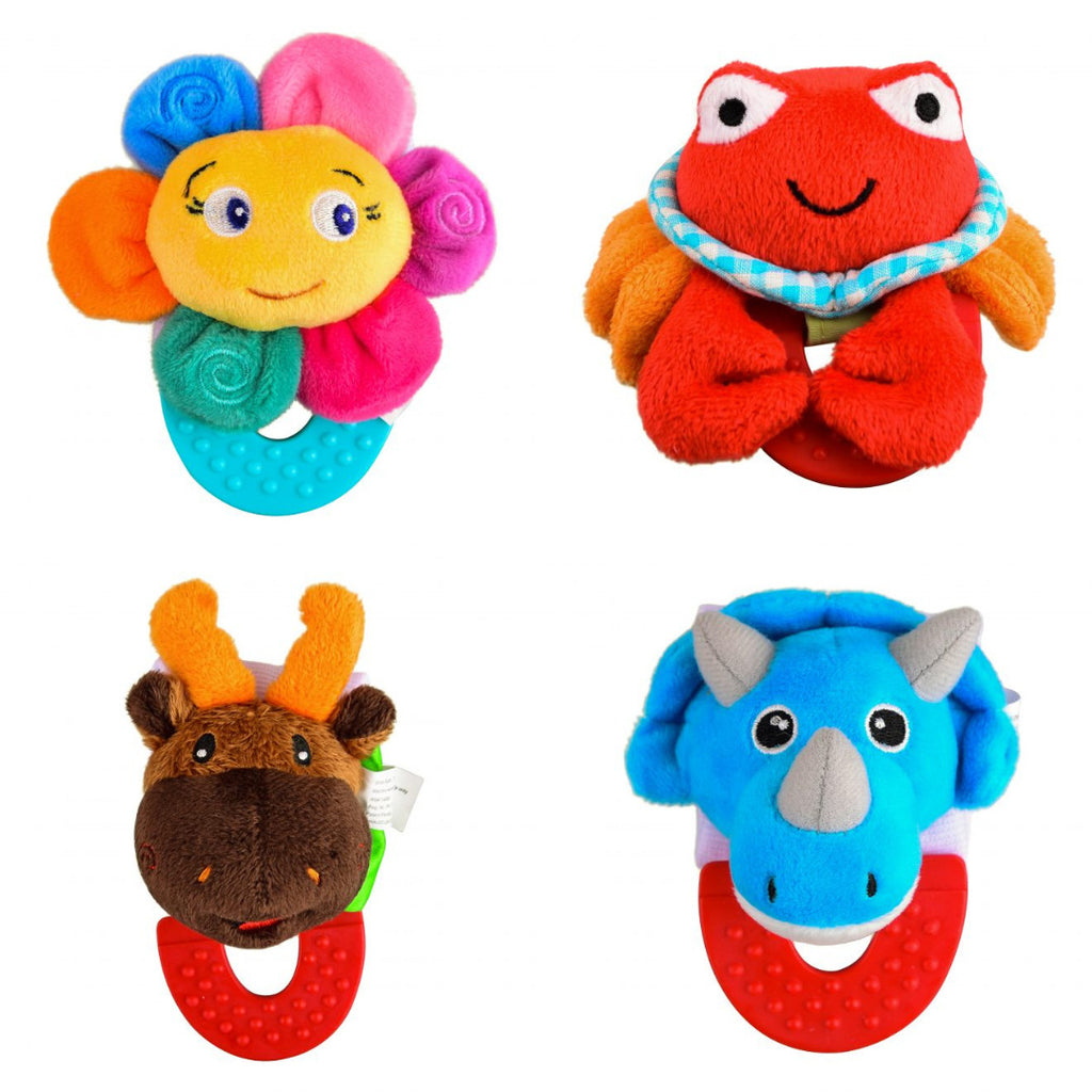 Wristy Buddy Pack of 4 Baby Teethers – Flower, Crab, Moose & Dinosaur