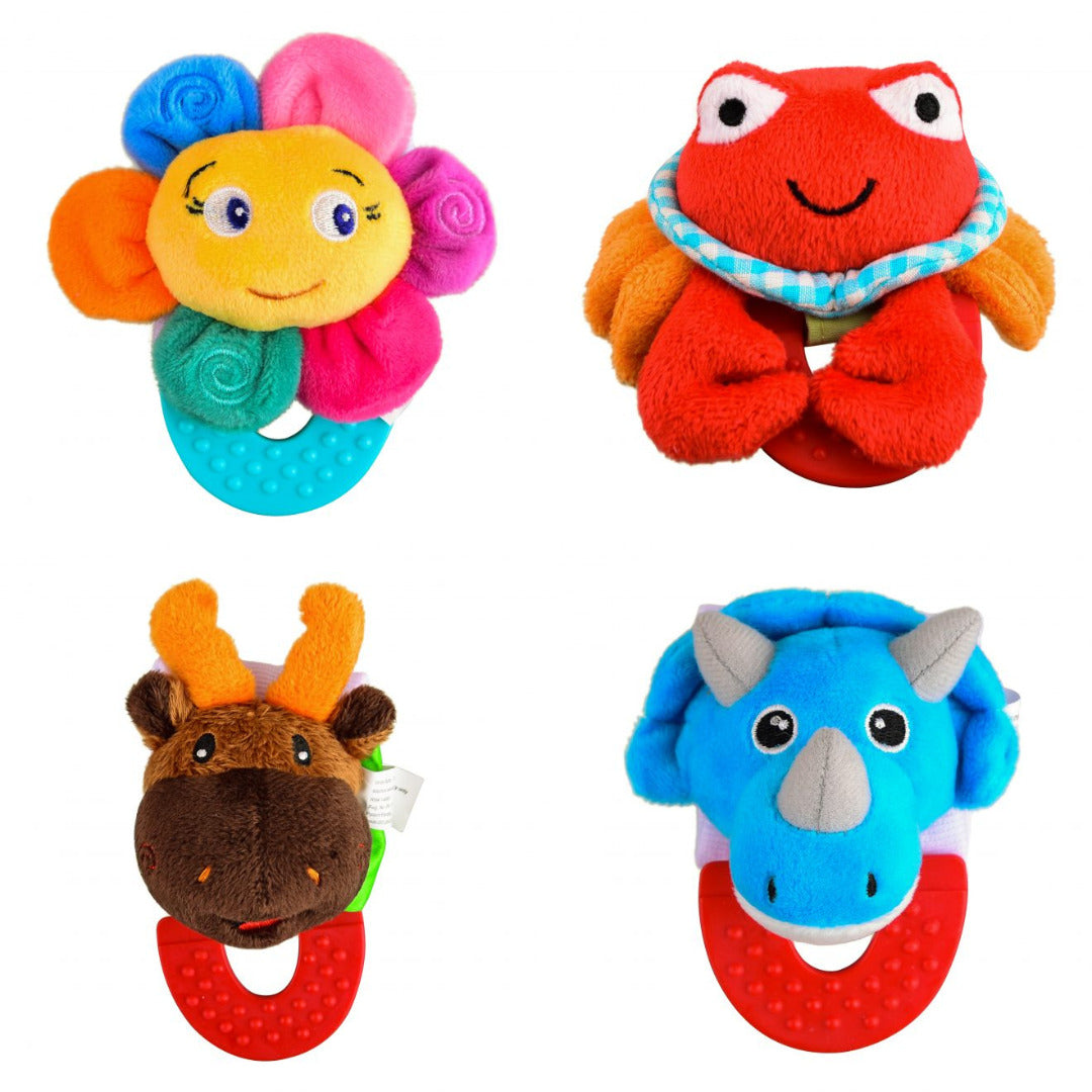 Wristy Buddy Pack of 4 Baby Teethers – Flower, Crab, Moose & Dinosaur