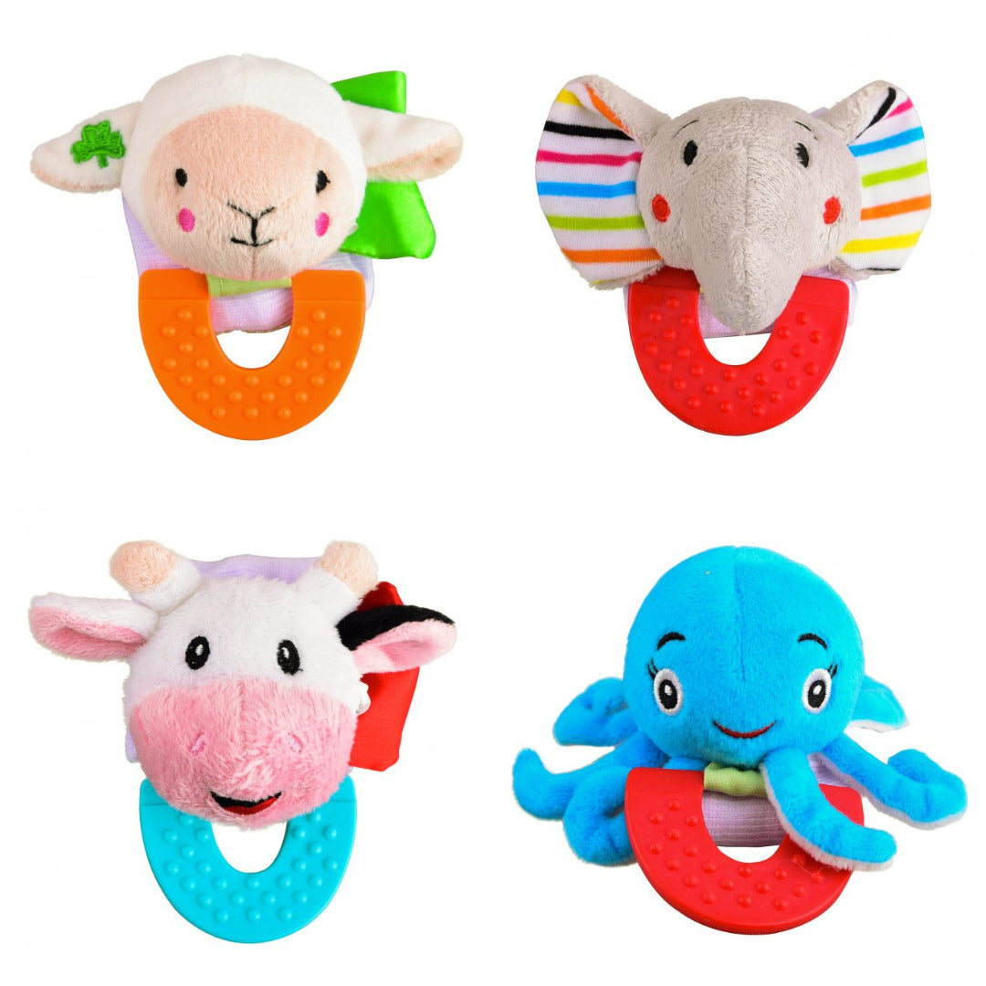 Wristy Buddy Pack of 4 Baby Teethers – Lamb, Elephant, Cow & Octopus