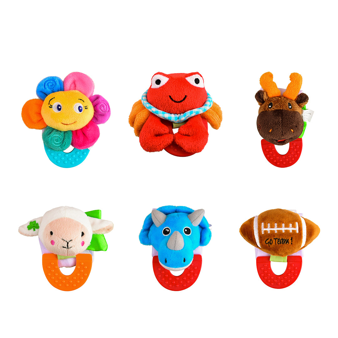 Wristy Buddy Pack of 6 Baby Teethers – Flower, Crab, Moose, Lamb, Dinosaur & Football