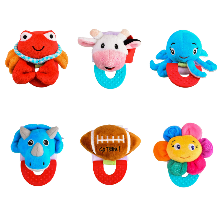Wristy Buddy Pack of 6, Crab, Cow, Octopus, Dinosaur, Football & Flower Combo Teether for Babies, 0-2.5yrs baby toys, Easy to hold, Soft, Natural Organic Teethers, Silicone BPA, Phthalates & Lead-Free Baby Teething Toys